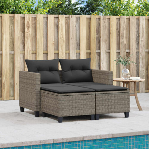 Garden Sofa 2-Seater with Stools Grey Poly Rattan - Image 3