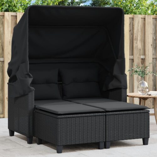 Garden Sofa 2-Seater with Canopy Stools Black Poly Rattan - Image 2