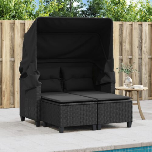 Garden Sofa 2-Seater with Canopy Stools Black Poly Rattan - Image 3