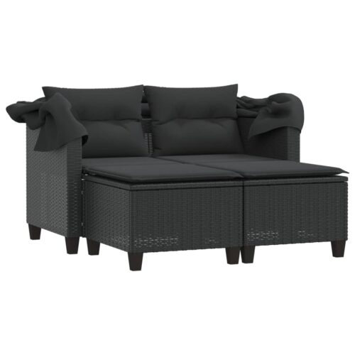 Garden Sofa 2-Seater with Canopy Stools Black Poly Rattan - Image 4
