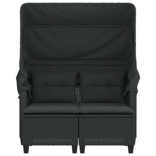 Garden Sofa 2-Seater with Canopy Stools Black Poly Rattan - Image 5