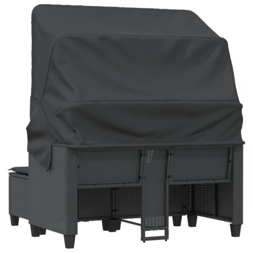 Garden Sofa 2-Seater with Canopy Stools Black Poly Rattan - Image 7