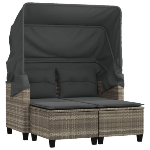 Garden Sofa 2-Seater with Canopy Stools Grey Poly Rattan