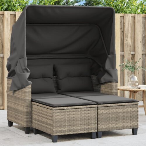 Garden Sofa 2-Seater with Canopy Stools Grey Poly Rattan - Image 2