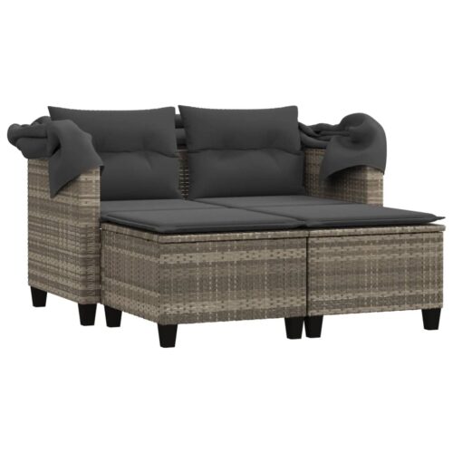 Garden Sofa 2-Seater with Canopy Stools Grey Poly Rattan - Image 4