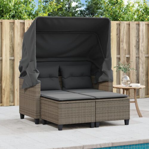 Garden Sofa 2-Seater with Canopy Stools Grey Poly Rattan - Image 3