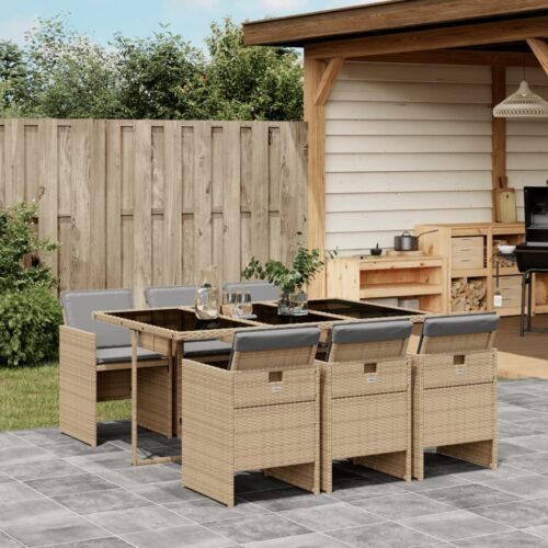 7-Piece Garden Dining Set with Cushions Mix Beige Poly Rattan - Image 2
