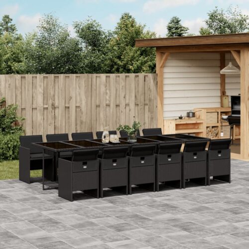 13-Piece Garden Dining Set with Cushions Black Poly Rattan Wicker Outdoor Patio Furniture - Image 2