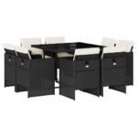 9-Piece Garden Dining Set with Cushions Black Poly Rattan Wicker Outdoor Patio Furniture