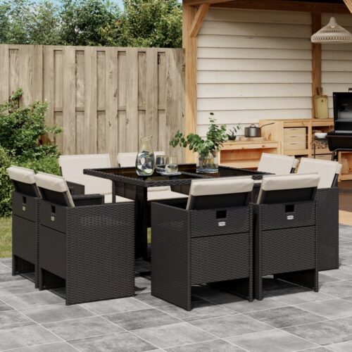 9-Piece Garden Dining Set with Cushions Black Poly Rattan Wicker Outdoor Patio Furniture - Image 2