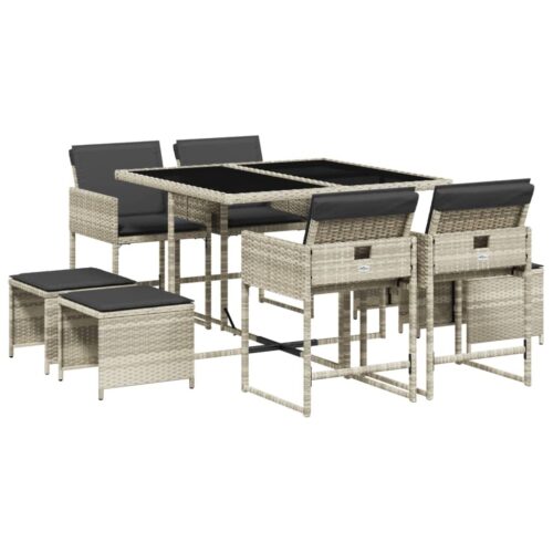 9-Piece Garden Dining Set with Cushions Light Grey Poly Rattan Wicker Outdoor Patio Furniture