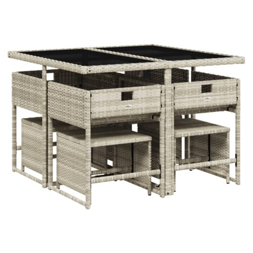 9-Piece Garden Dining Set with Cushions Light Grey Poly Rattan Wicker Outdoor Patio Furniture - Image 3