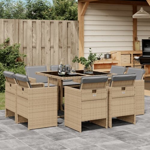 9-Piece Garden Dining Set with Cushions Mix Beige Poly Rattan Wicker Outdoor Patio Furniture - Image 2