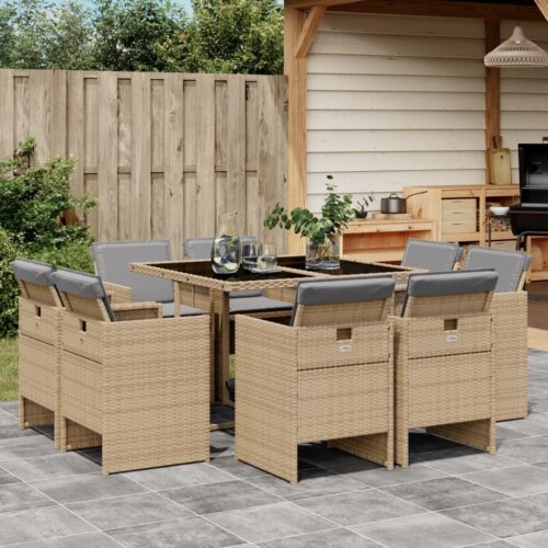 9-Piece Garden Dining Set with Cushions Mix Beige Poly Rattan Wicker Outdoor Patio Furniture - Image 2