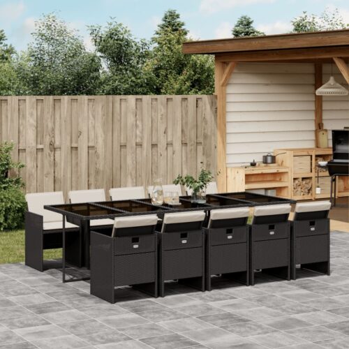 11-Piece Garden Dining Set with Cushions Black Poly Rattan - Image 2