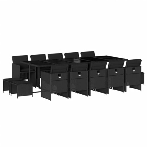 15-Piece Garden Dining Set with Cushions Black Poly Rattan Wicker Outdoor Patio Furniture