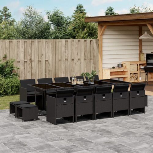15-Piece Garden Dining Set with Cushions Black Poly Rattan Wicker Outdoor Patio Furniture - Image 2
