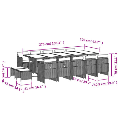 15-Piece Garden Dining Set with Cushions Black Poly Rattan Wicker Outdoor Patio Furniture - Image 6