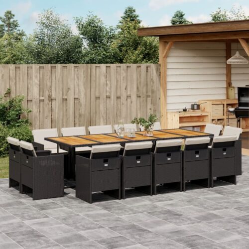 15-Piece Garden Dining Set with Cushions Black Poly Rattan Wicker Outdoor Patio Furniture - Image 2