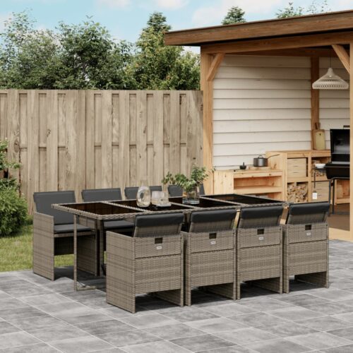 9-Piece Garden Dining Set with Cushions Grey Poly Rattan Wicker Outdoor Patio Furniture - Image 2