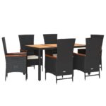 7-Piece Garden Dining Set with Cushions Black Poly Rattan Wicker Outdoor Patio Furniture