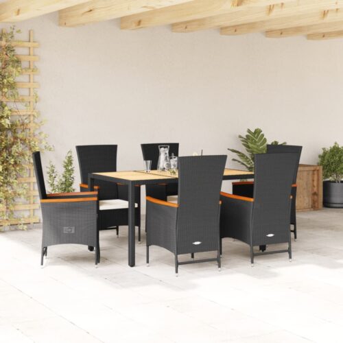 7-Piece Garden Dining Set with Cushions Black Poly Rattan Wicker Outdoor Patio Furniture - Image 2