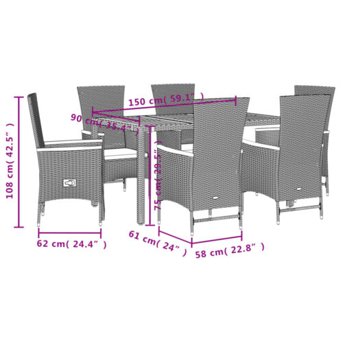 7-Piece Garden Dining Set with Cushions Black Poly Rattan Wicker Outdoor Patio Furniture - Image 5