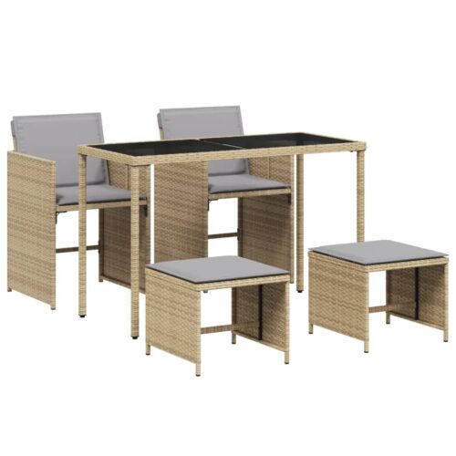 5-Piece Garden Dining Set with Cushions Mix Beige Poly Rattan Wicker Outdoor Patio Furniture