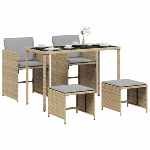 5-Piece Garden Dining Set with Cushions Mix Beige Poly Rattan Wicker Outdoor Patio Furniture - Image 3