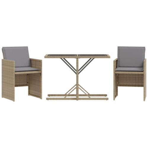 3-Piece Bistro Set with Cushions Mix Beige Poly Rattan Wicker Outdoor Patio Furniture