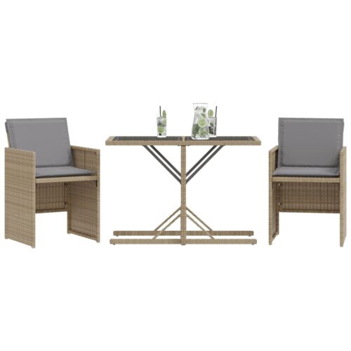 3-Piece Bistro Set with Cushions Mix Beige Poly Rattan Wicker Outdoor Patio Furniture - Image 3