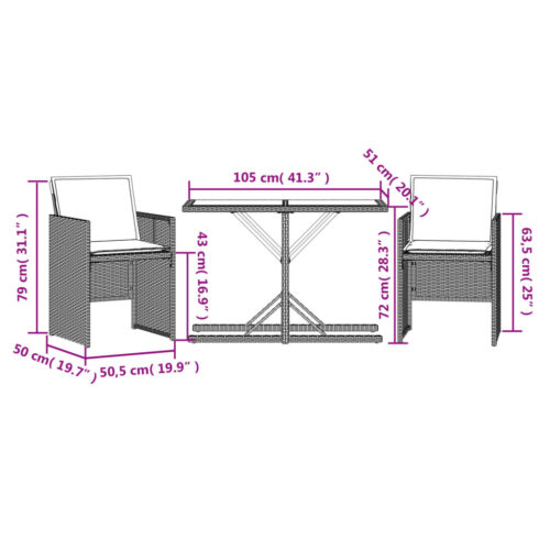 3-Piece Bistro Set with Cushions Mix Beige Poly Rattan Wicker Outdoor Patio Furniture - Image 11