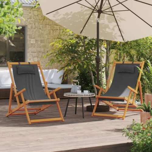 Folding Beach Chairs 2pcs Grey Fabric - Image 10