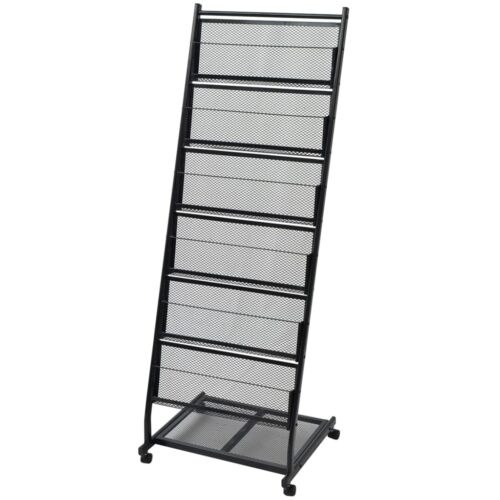 A4 Portable Display Brochure Stand Magazine Rack Holder Shelves on Wheels Black