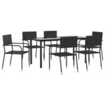 7-Piece Garden Dining Set Black Poly Rattan Wicker Outdoor Patio Furniture