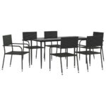 7-Piece Garden Dining Set Black Poly Rattan Wicker Outdoor Patio Furniture