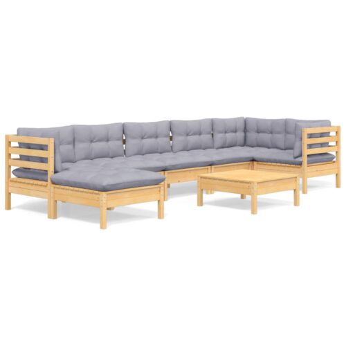8-Piece Garden Lounge Set with Grey Cushions Pine Wood Outdoor Patio Furniture