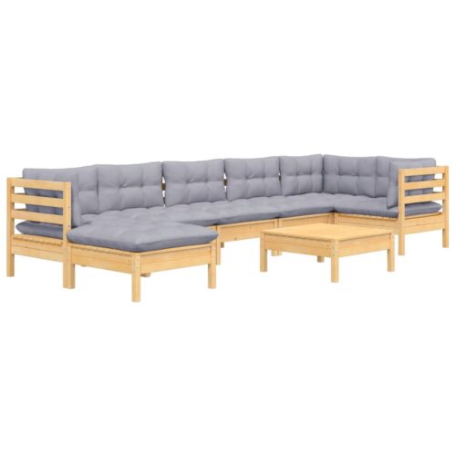 8-Piece Garden Lounge Set with Grey Cushions Pine Wood Outdoor Patio Furniture - Image 8