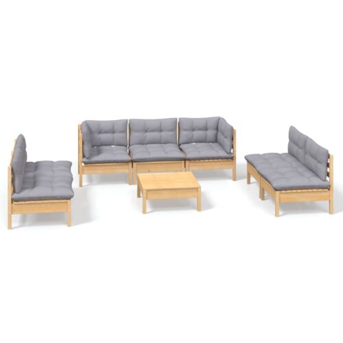 8-Piece Garden Lounge Set with Grey Cushions Pine Wood Outdoor Patio Furniture