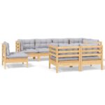 8-Piece Garden Lounge Set with Grey Cushions Pine Wood Outdoor Patio Furniture