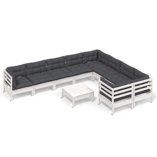 10-Piece Garden Lounge Set with Cushions White Pine Wood Outdoor Patio Furniture