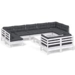 10-Piece Garden Lounge Set with Cushions White Pine Wood Outdoor Patio Furniture