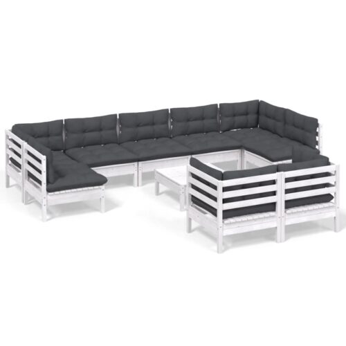 10-Piece Garden Lounge Set with Cushions White Pine Wood Outdoor Patio Furniture