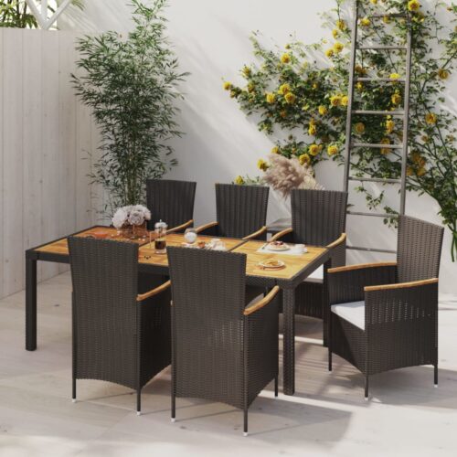 7-Piece Outdoor Dining Set with Cushions Poly Rattan Wicker Outdoor Patio Furniture Black - Image 7