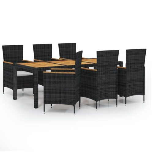 7-Piece Outdoor Dining Set with Cushions Poly Rattan Wicker Outdoor Patio Furniture Black