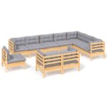 10-Piece Garden Lounge Set with Grey Cushions Pine Wood Outdoor Patio Furniture