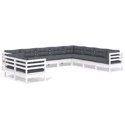 10-Piece Garden Lounge Set with Cushions White Pine Wood Outdoor Patio Furniture