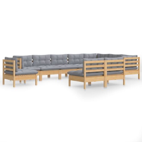 10-Piece Garden Lounge Set with Grey Cushions Pine Wood Outdoor Patio Furniture