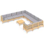 12-Piece Garden Lounge Set with Grey Cushions Pine Wood Outdoor Patio Furniture