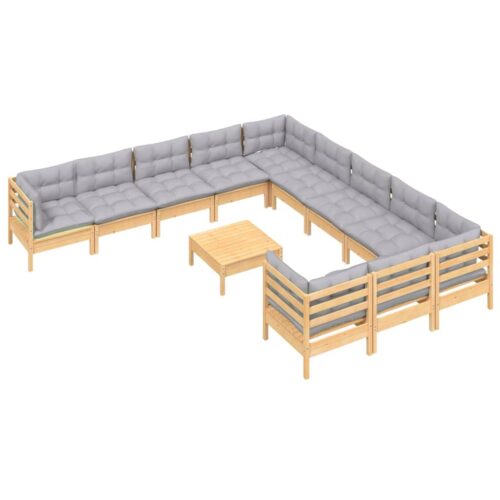 12-Piece Garden Lounge Set with Grey Cushions Pine Wood Outdoor Patio Furniture - Image 3
